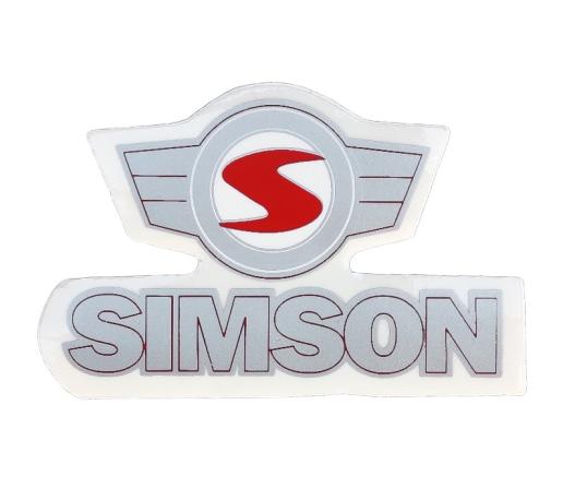 Aufkleber / Schriftzug "SIMSON" mit Emblem, silber/rot