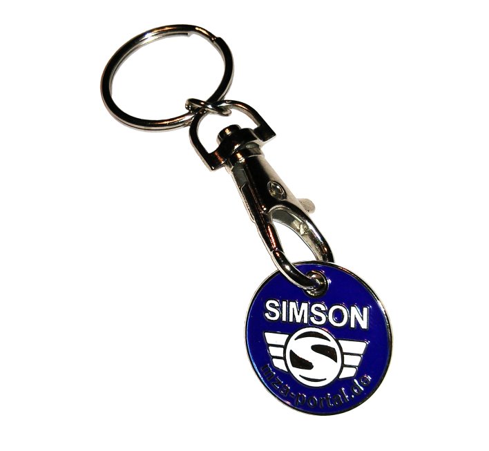 Einkaufwagenchip aus Metall mit SIMSON-Logo Schlüsselanhänger beidseitig geprägt Ring mit Karabinerhaken inkl